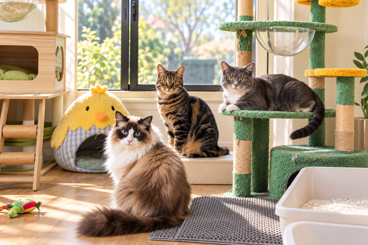 Three cats relaxing together in a cosy multi-cat home