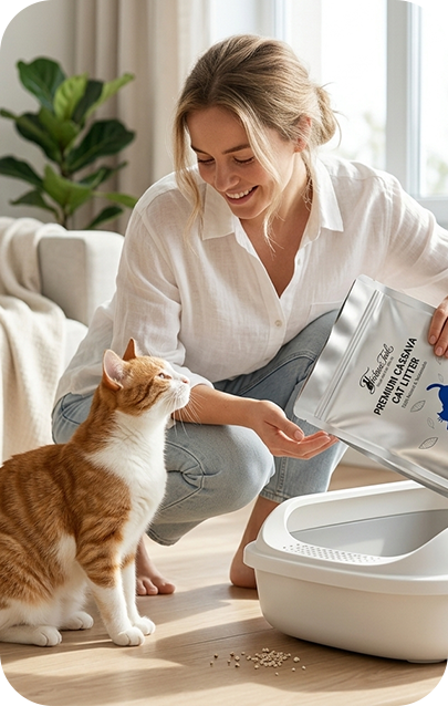 A cat beside its litter tray at home